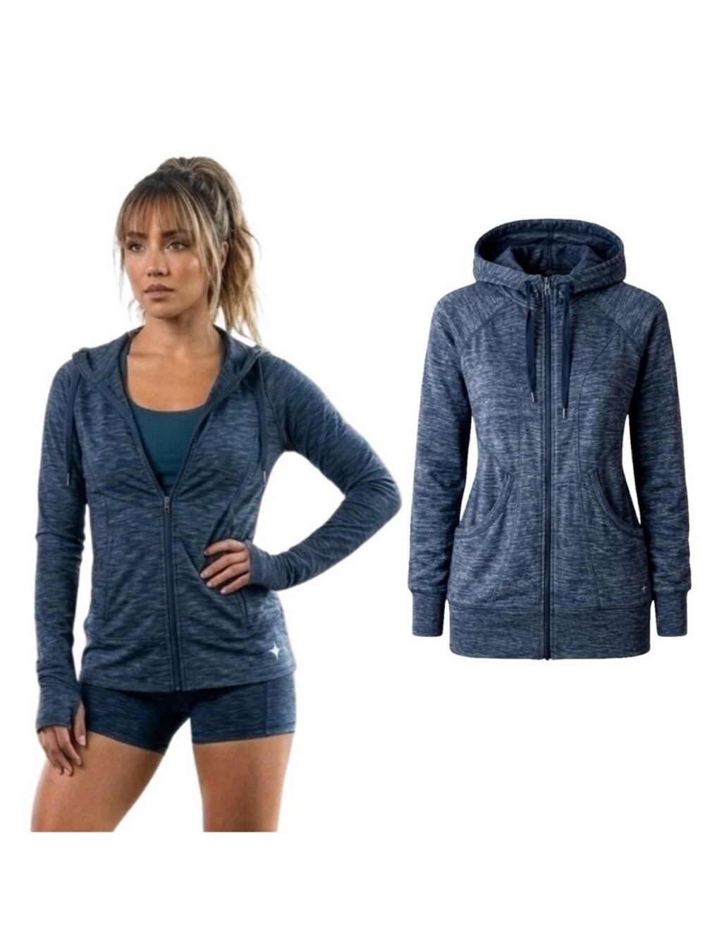 90 Degree Womens Blue Marled Full Zip Athletic Hooded Jacket w/Thumb Holes Sz L